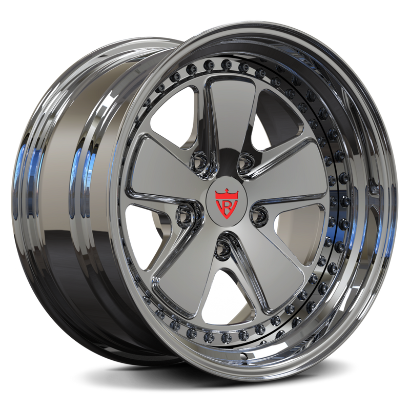 Custom forged 5 spoke wheels in chrome finish for Porsche 911, showcasing deep dish design and high-quality craftsmanship.