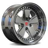 Custom forged 5 spoke wheels in chrome finish for Porsche 911, showcasing deep dish design and high-quality craftsmanship.