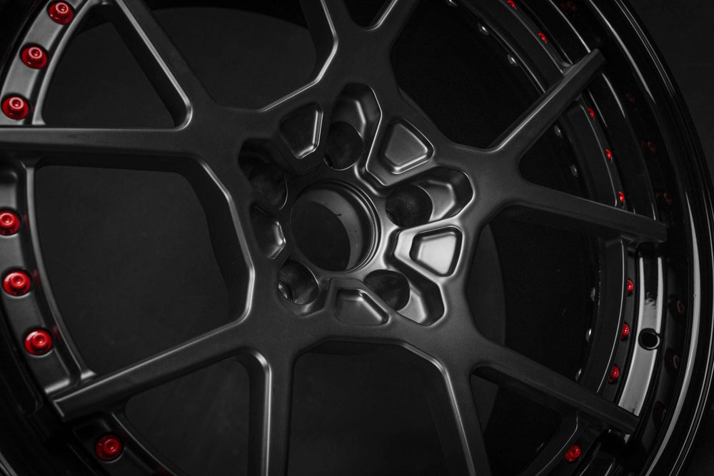 Ford Mustang GT with custom black and red forged wheels RV-DF02 by RVRN Wheels