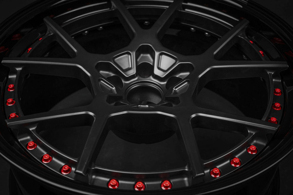 Black and red custom forged RVRN Wheels RV-DF02 for Ford Mustang GT