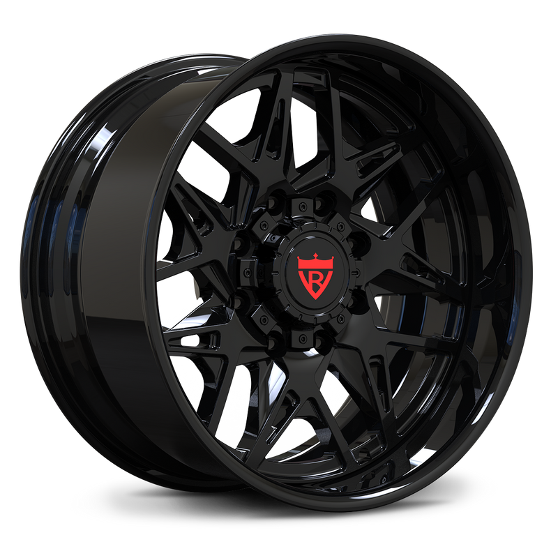 Aggressive deep dish profile of the RV-DM23 8 lug forged truck rim in premium gloss black, featuring a massive outer lip for an imposing stance.