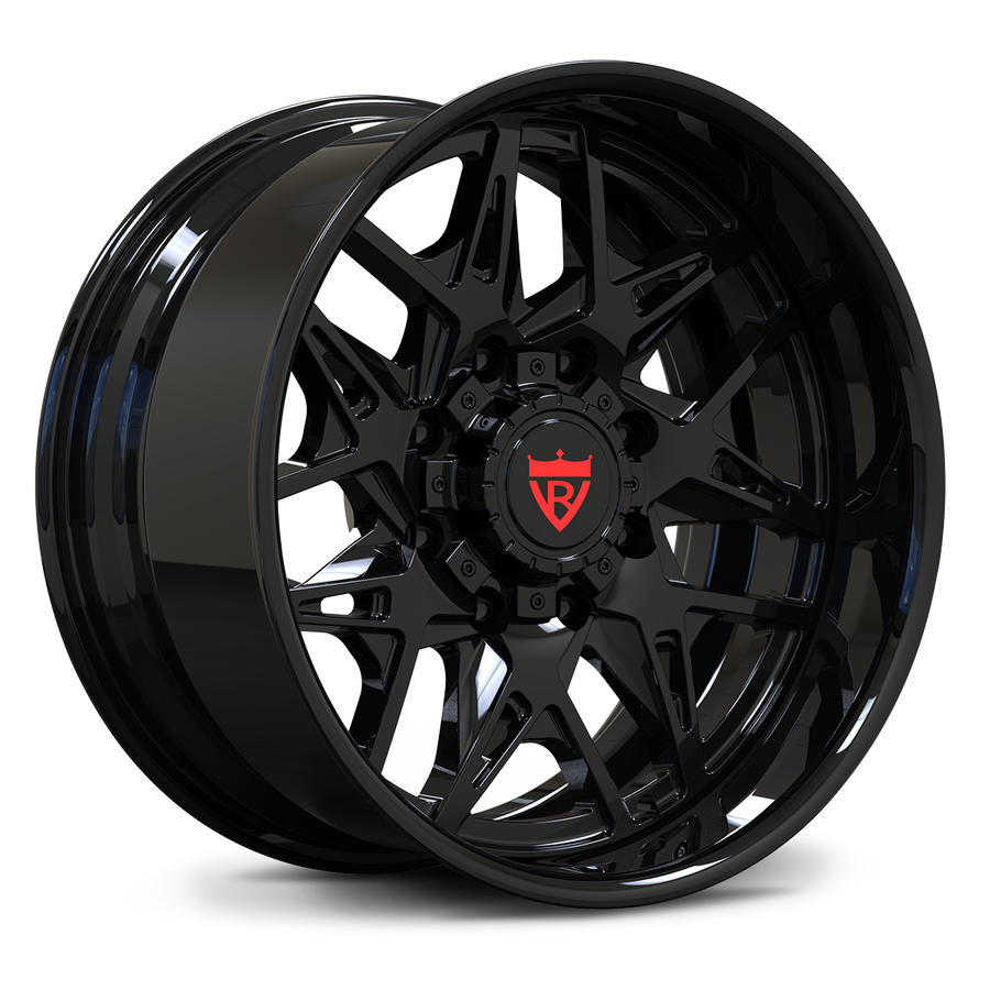 Aggressive deep dish profile of the RV-DM23 8 lug forged truck rim in premium gloss black, featuring a massive outer lip for an imposing stance.