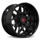 Aggressive deep dish profile of the RV-DM23 forged truck rim in premium gloss black, featuring a massive outer lip for an imposing stance.