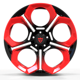 Custom forged monoblock wheel in red and black design, featuring super concave shape for Audi RS5 compatibility.