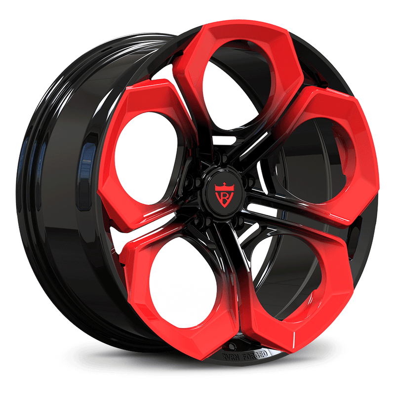 Custom forged mono-block wheel in black with red accents, super concave design, ideal for Audi RS5 and bespoke applications.