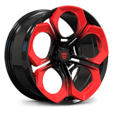 Custom forged mono-block wheel in black with red accents, super concave design, ideal for Audi RS5 and bespoke applications.