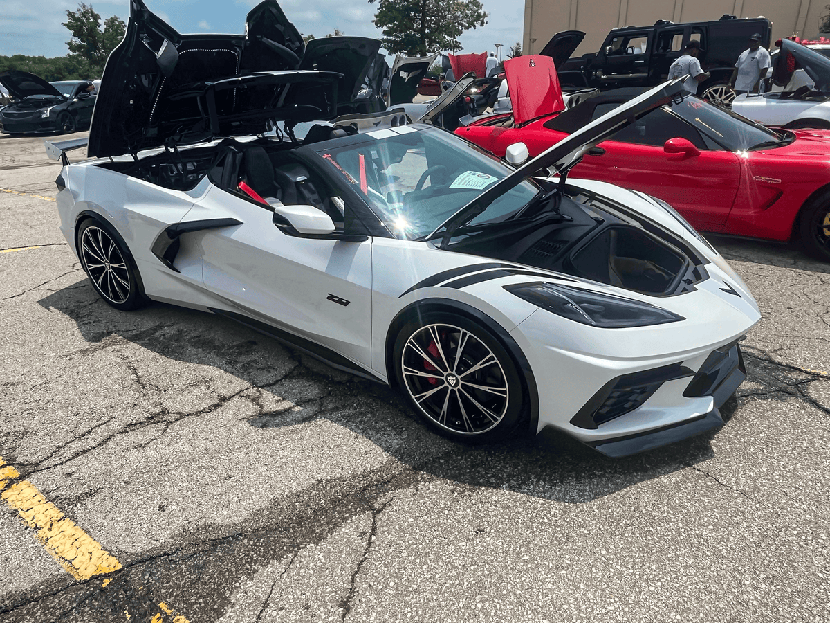 Side view of 2023 Corvette C8 Stingray Z51 featuring MA61 forged wheels in black, showcasing aggressive stance and precise fitment.