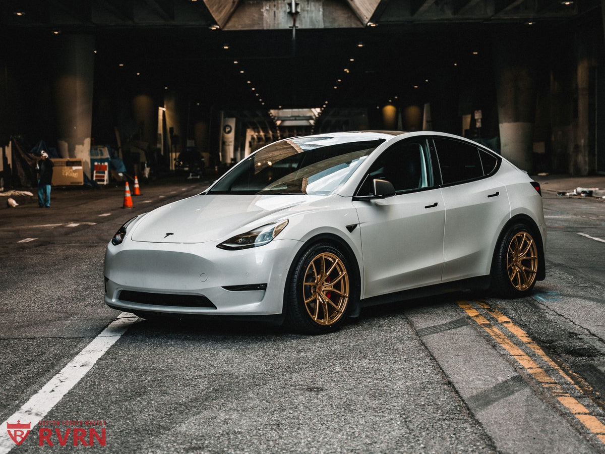 Angle detail of 20x9.5 forged performance wheel for Tesla Model Y custom upgrade