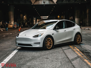 Angle detail of 20x9.5 forged performance wheel for Tesla Model Y custom upgrade