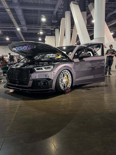 Side view of 2018 Audi SQ5 featuring MC23 custom forged wheels in polished aluminum, highlighting aggressive stance and precise fitment.
