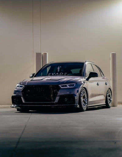 Rear view of 2018 Audi SQ5 with RVRN MC23 forged wheels, 21x10 polished aluminum, highlighting deep concave profile and wide stance.