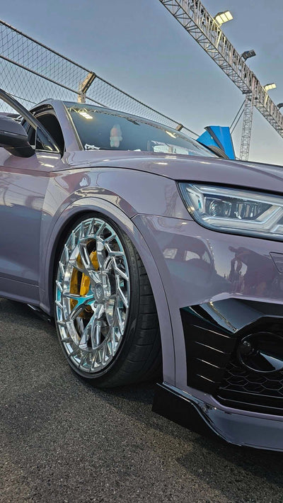 Top-down angle of 2018 Audi SQ5 equipped with RVRN MC23 wheels, 21x10, polished aluminum, illustrating full fitment and vehicle stance.