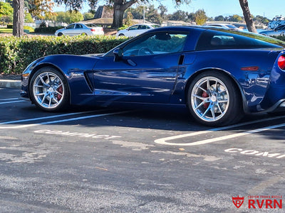 Side view of 2007 Corvette C6 Z06 with RVRN MC24 custom forged polished wheels 18x10 19x13