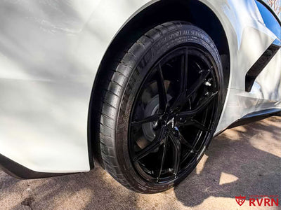 Close-up detail of forged corvette concave rims showing machining quality and custom finish options