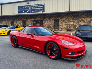 Front three-quarter view of a red 2008 Corvette C6 on RVRN RV-MC35 5-spoke wheels with gloss black spokes and red barrels