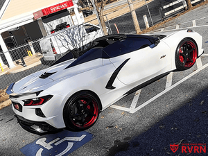 Side profile of white Corvette C8 Z51 featuring RVRN MC35 custom forged wheels 20x9 21x12 staggered setup