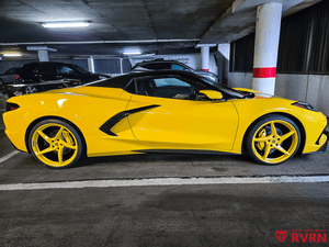 Yellow Corvette C8 Stingray with black forged aftermarket wheels, 20x9 front and 21x12 rear fitment, design your own Corvette Stingray wheels