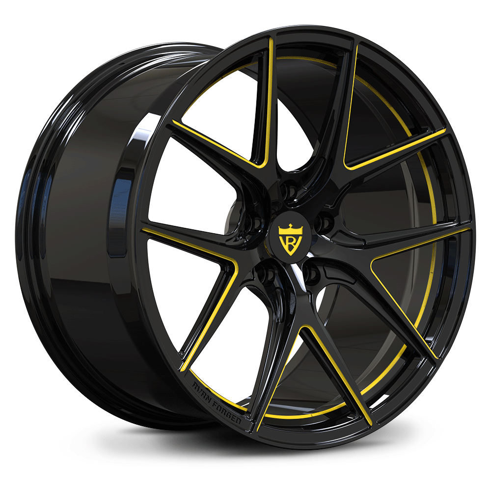 Custom forged monoblock wheel in black and yellow, compatible with 2022 Corvette C8, showcasing unique design and finish.