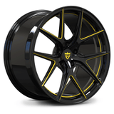 Custom forged monoblock wheel in black and yellow, compatible with 2022 Corvette C8, showcasing unique design and finish.