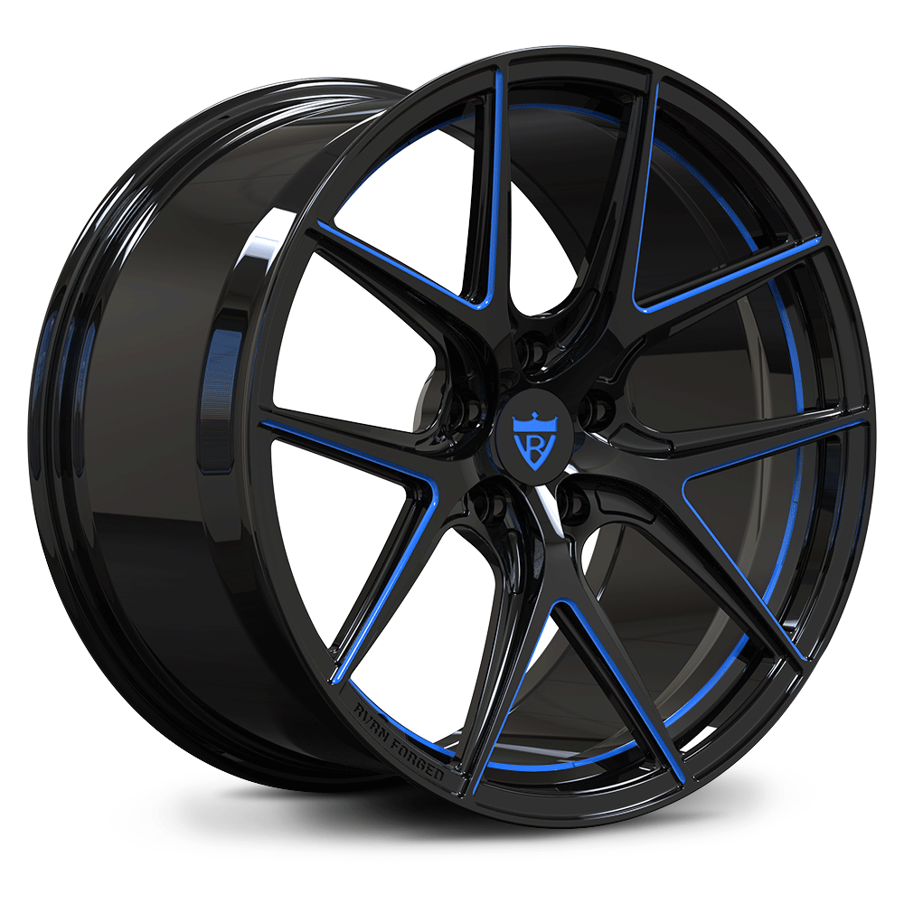 Custom forged monoblock wheel with black finish and blue accents designed for 2022 Corvette C8 Z51 aftermarket upgrade.