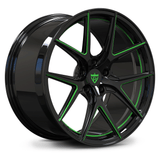 CUSTOM FORGED MONOBLOCK WHEEL RV-MC61 in black with green accents, designed for luxury vehicles like 2022 Corvette C8 Z51.