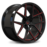 Custom forged monoblock wheels in black with red accents, designed for 2022 Corvette C8 Z51 and aftermarket applications.