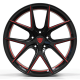 Custom forged monoblock wheel design in black and red, ideal for 2022 Corvette C8 Z51 aftermarket upgrades.