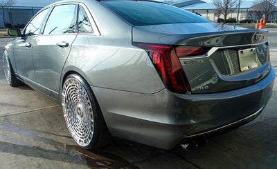 Cadillac CT6 with luxury forged rims and brushed aluminum wheels showcasing custom 1-piece design and 24 inch size.