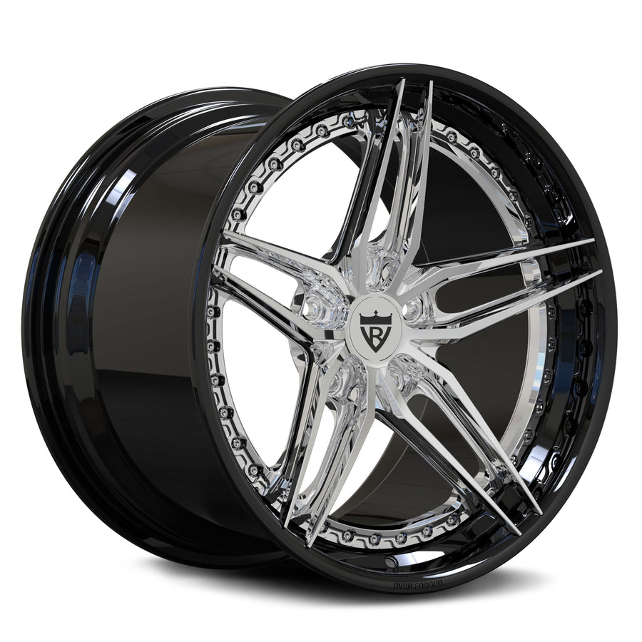 RV-DP03 wheel with polished 5-spoke center, gloss black barrel and exposed perimeter bolts