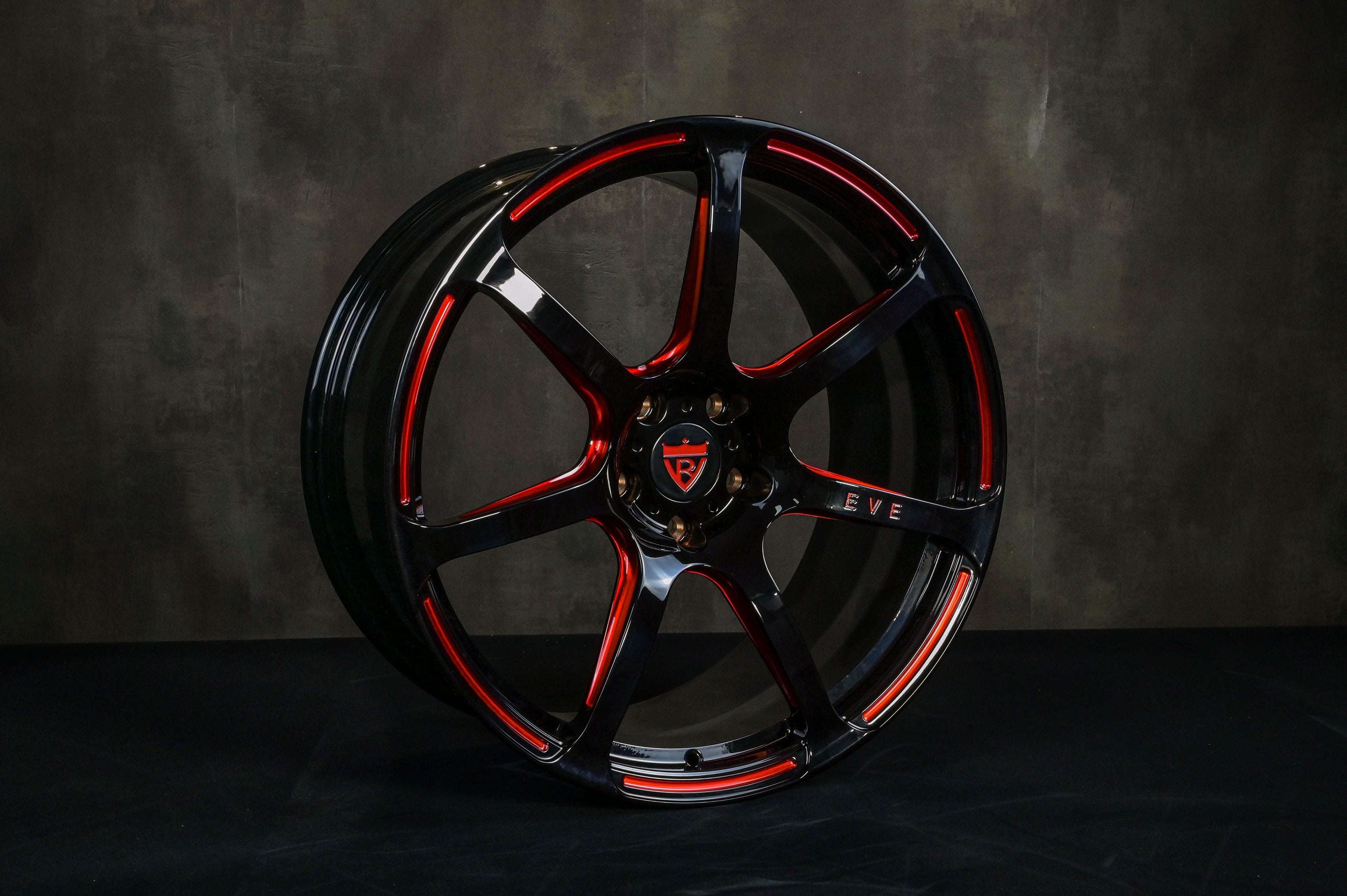 2016 Tesla Model S Custom Aftermarket Performance Wheels-Red and Black Forged Monoblock 21inch staggered rims-MH092 Series- RVRN FORGED