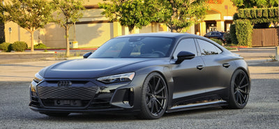 2022 Audi E-Tron GT featuring custom forged wheels and super concave design, showcasing luxury and performance.