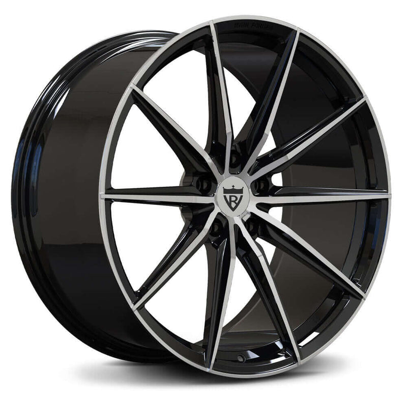 Custom forged 1-piece wheel, black and silver finish, designed for Audi performance vehicles, perfect for aftermarket rims.