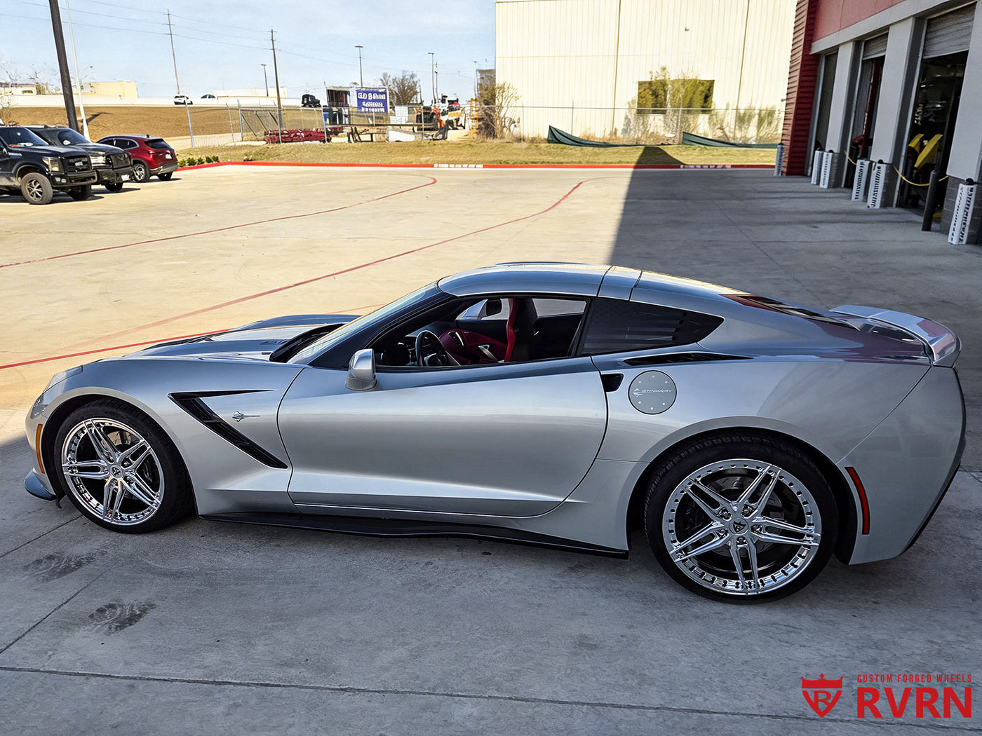 2014 Corvette C7 Z51 fitted with white chrome forged wheels, custom 19x8.5 front and 20x10 rear setup, design your own wheels