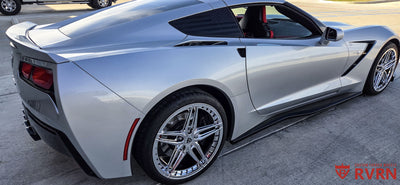 Close-up detail of white chrome forged wheels on C7 Corvette Z51, custom sizing 19x8.5 front and 20x10 rear