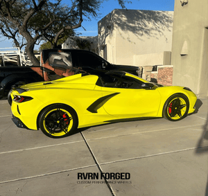 Side view of 2023 Corvette C8 Stingray with MR02 custom 5-star forged wheels in yellow and black, highlighting aggressive stance and precise fitment.