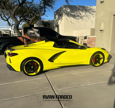 Side view of 2023 Corvette C8 Stingray with MR02 custom 5-star forged wheels in yellow and black, highlighting aggressive stance and precise fitment.