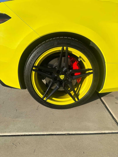 2023 Corvette C8 Stingray on RVRN Forged MR02 5-star wheels, 19x8.5 front and 20x11 rear, custom Accelerated Yellow and black finish, fully installed on the vehicle.