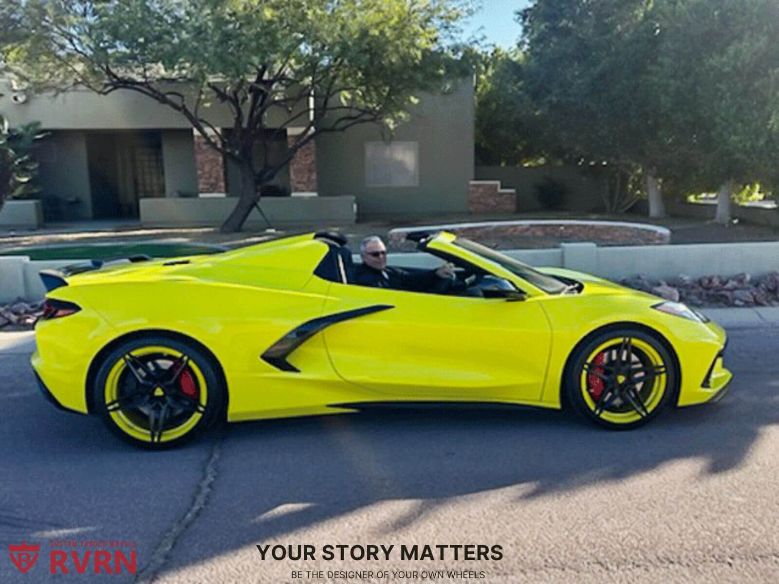 Front angle of 2023 Corvette C8 Stingray featuring RVRN MR02 5-star wheels, 19x8.5 / 20x11 setup, Accelerated Yellow accents with black spokes, installed for track-ready style.