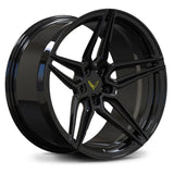 Close-up of RV-MR02 Forged Monoblock Wheel – 5 Star Yellow Spokes with Deep Black Concave Profile

