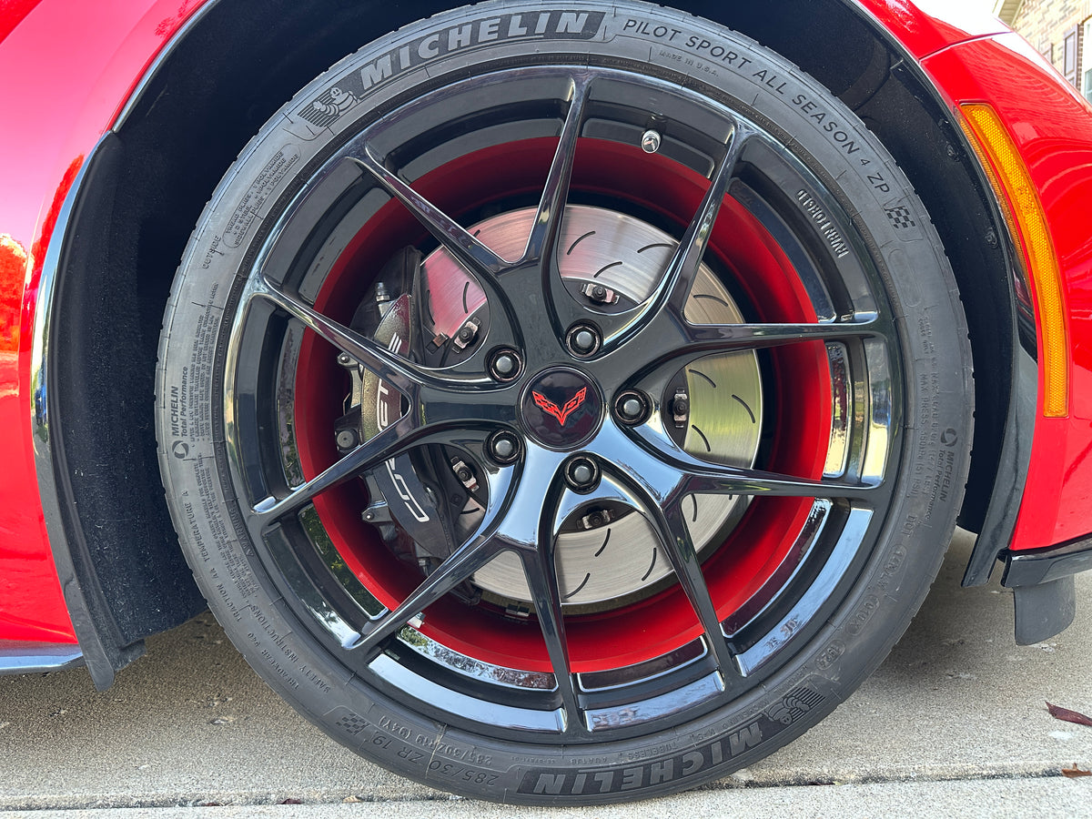 2017 Corvette C7 Grand Sport on RVRN RV-MR05 forged wheels, red and black concave, front 19x10 +43mm, rear 20x12 +59mm