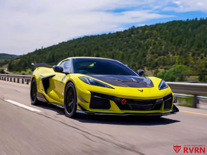 Rear view of 2024 Corvette C8 Z06 on RVRN MR05 forged wheels 21x13 in black and yellow