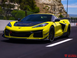 Detail shot of black and yellow RVRN MR05 forged wheel spokes on C8 Z06 20x10 front