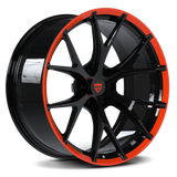 Custom forged monoblock Y-spoke wheels for Dodge Ram 1500 and 2500 with black finish and red trim, 6 lug design.