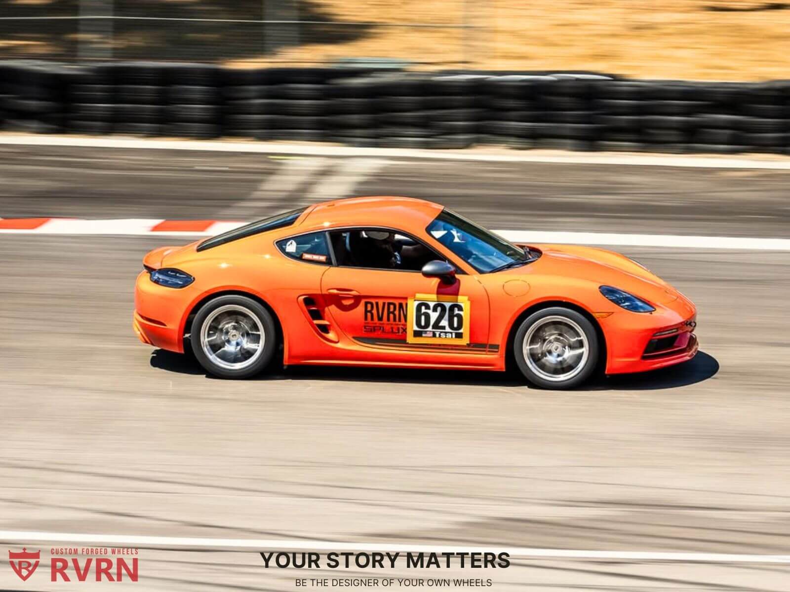 Porsche Cayman T with RVRN forged wheels racing on track, showcasing lightweight aluminum custom wheels for performance.