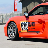 Porsche Cayman T with RVRN forged aluminum wheels at Laguna Seca 2025, showcasing lightweight, custom performance design.