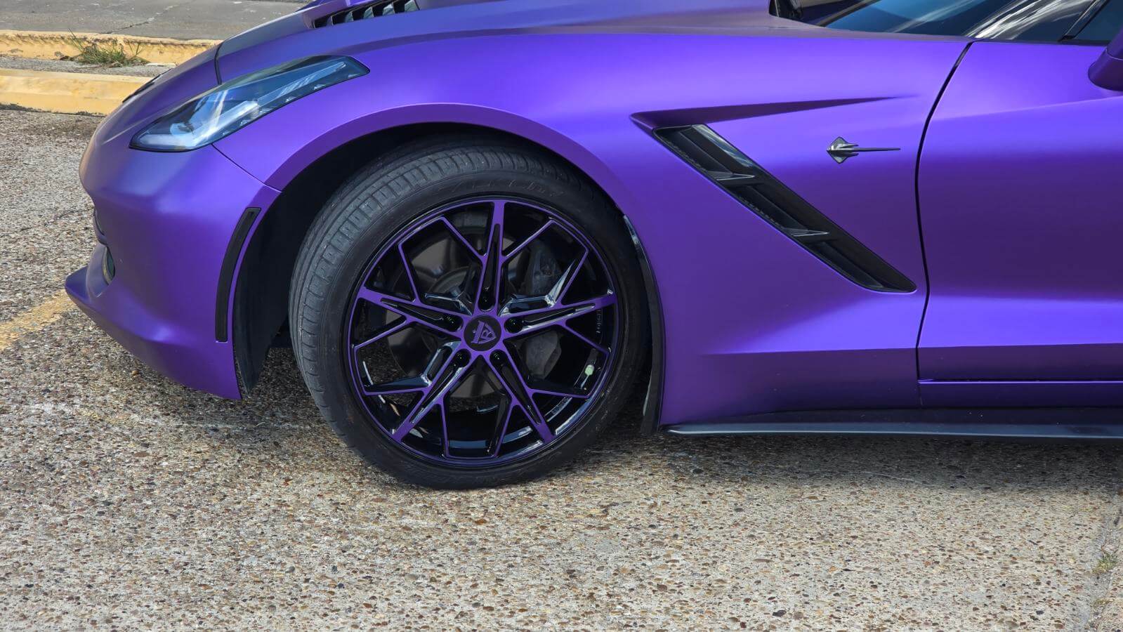 2015 Corvette C7 Stingray with purple and black RVRN RV-MR20 forged wheels, showcasing sleek style and performance.