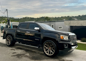 Forged wheel face detail on GMC Canyon Denali, precision machining and custom wheel design for trucks