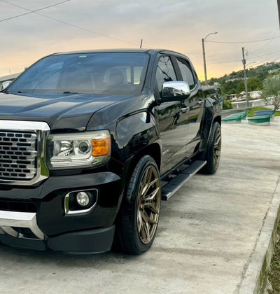 Rear 24x13.5 forged wheels on GMC Canyon Denali, wide stance custom truck wheels, design your own setup
