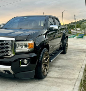 Front 22x11.5 custom forged wheels on GMC Canyon Denali, aggressive aftermarket wheel setup for trucks