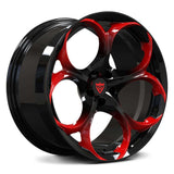 Custom forged monoblock wheel in black and red finish, designed for Tesla Model S rims and aftermarket applications.